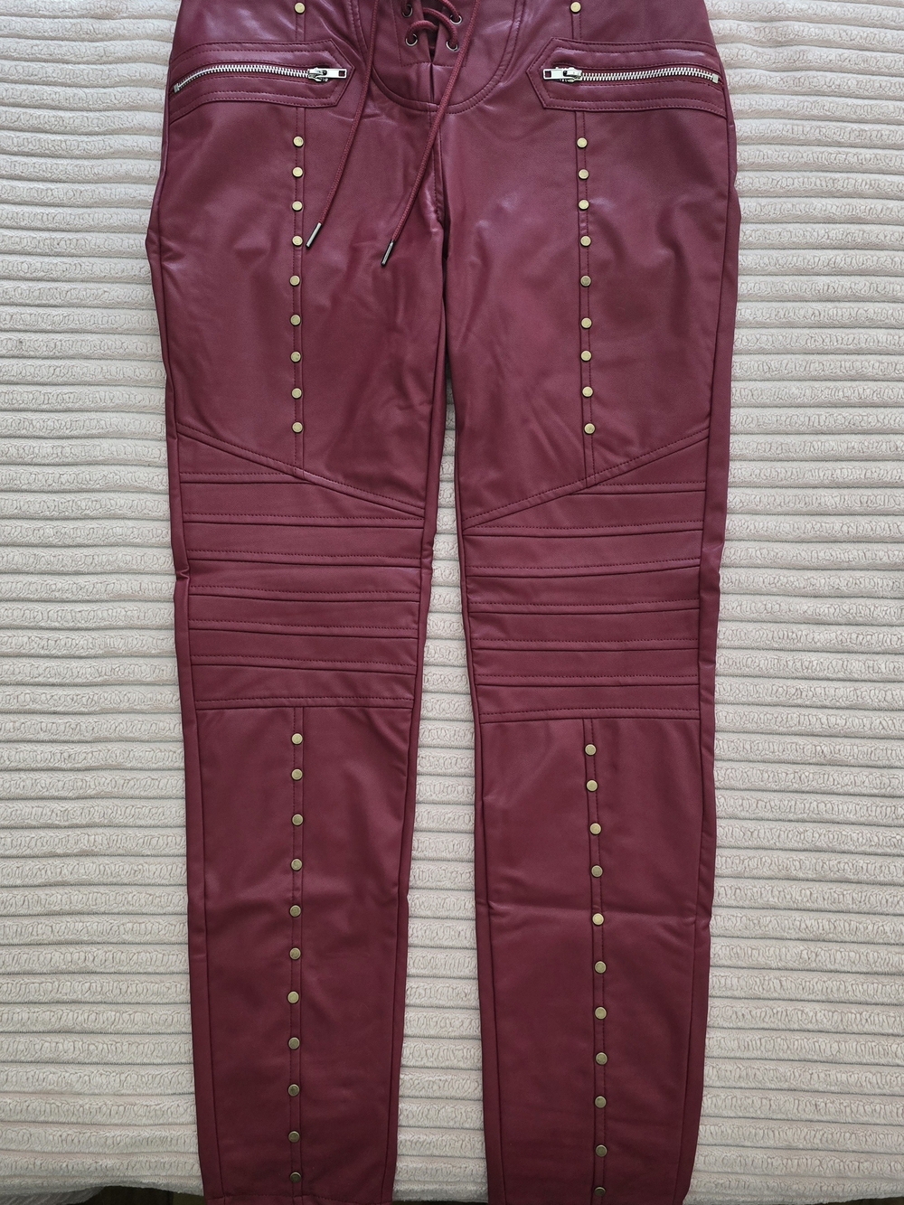 Burgundy Faux Leather Stretchy Moto Pants with Stud Detailing